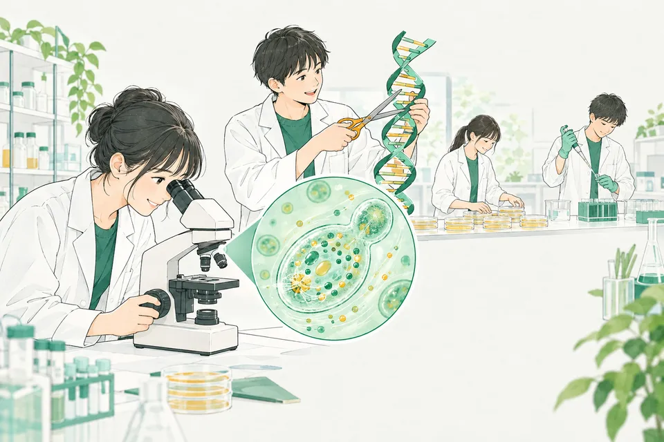 顕微鏡をのぞく学生、培養皿の上に浮かぶ丸い酵母の細胞のイメージ、DNA のらせんの模型をはさみの模型で切って見せる学生がいる明るい研究室