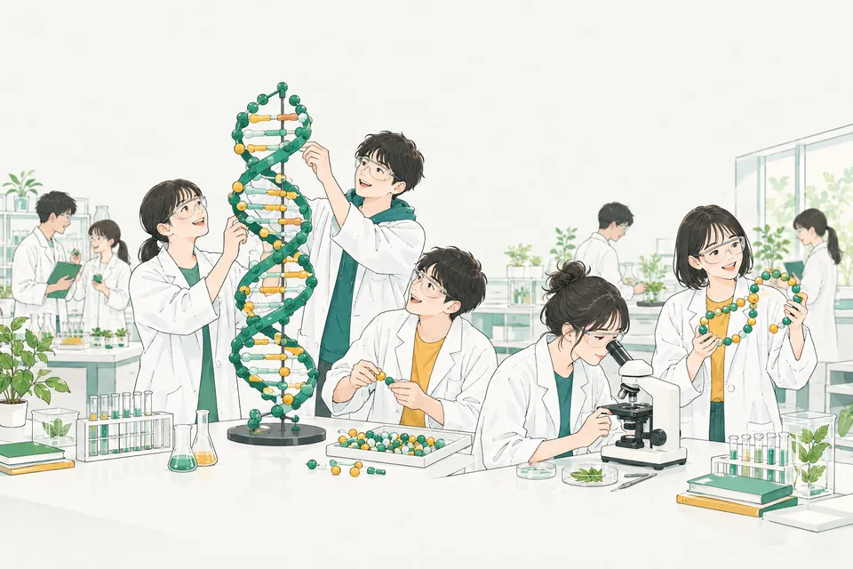 大学の実験室で、ねじれたはしごのような DNA の大きな模型を組み立てる学生、緑の葉の細胞を顕微鏡でのぞく学生、玉と棒をつないだ長い鎖を折りたたんでみせる学生たち
