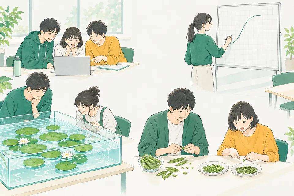 大学のセミナー室で、スイレンの葉が浮かぶ水槽の横で S 字のグラフを描く学生、エンドウの豆を丸としわに分けて数える学生、4 色の帯が並ぶ画面をのぞき込む学生たち
