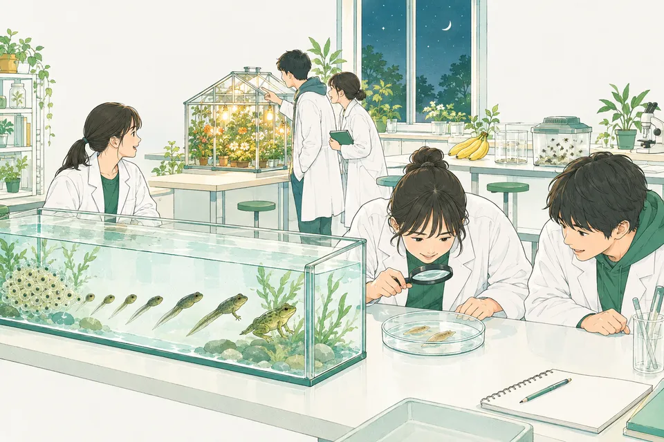 カエルの卵とオタマジャクシの水槽、2 つに分かれた小さな生き物の入った皿、夜に明かりがともる花の温室の模型を囲んで観察する学生たち