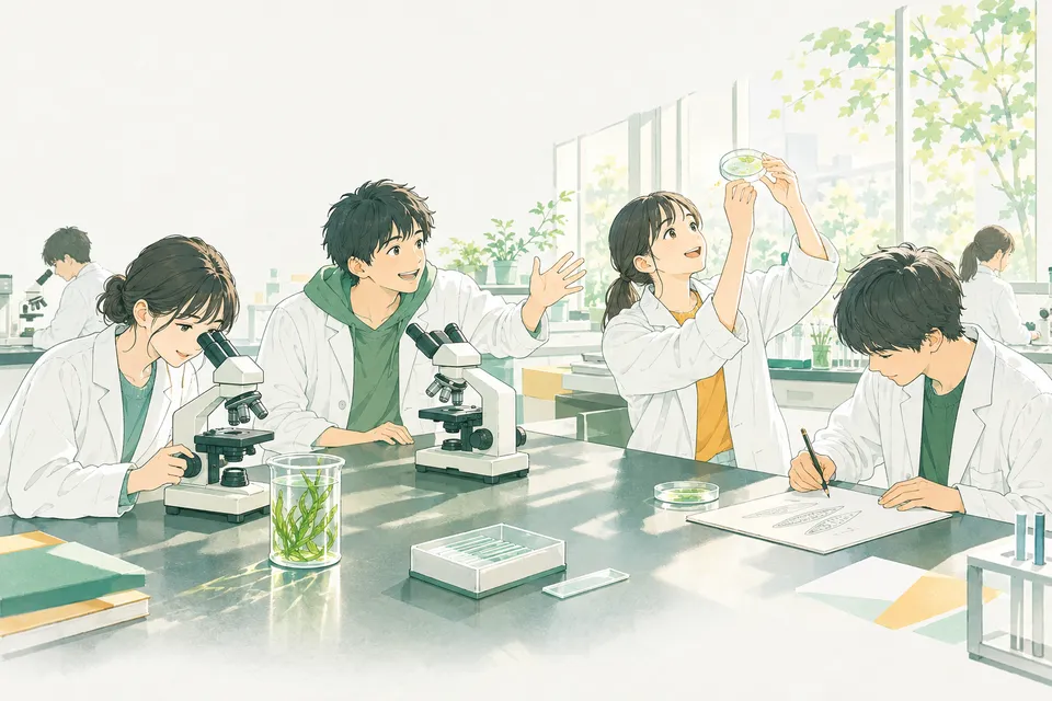 大学の生物学実験室で、顕微鏡をのぞく新入生たちと、硬い鉛筆で細胞をスケッチする学生、緑の水草や小さな培養皿が並ぶ実験台