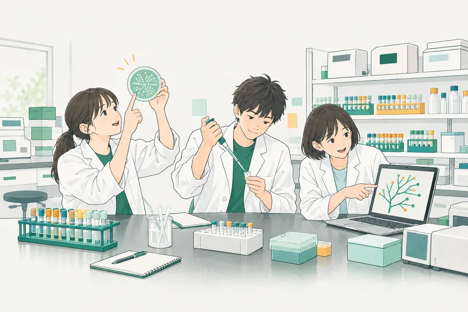 実験室で、寒天の入った丸い皿に並ぶ白い点の集まりを数える学生、小さな管に液を入れる学生、パソコンで枝分かれした木の形の図を描く学生たち