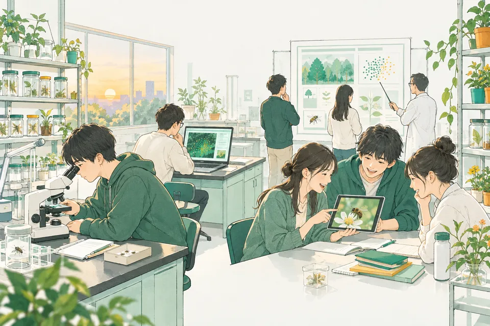 研究室で、顕微鏡でハエを観察する学生、パソコンで森の木のデータのグラフを見る学生、花に来たハチの写真を見せ合う学生、ポスターの前で発表する学生たち