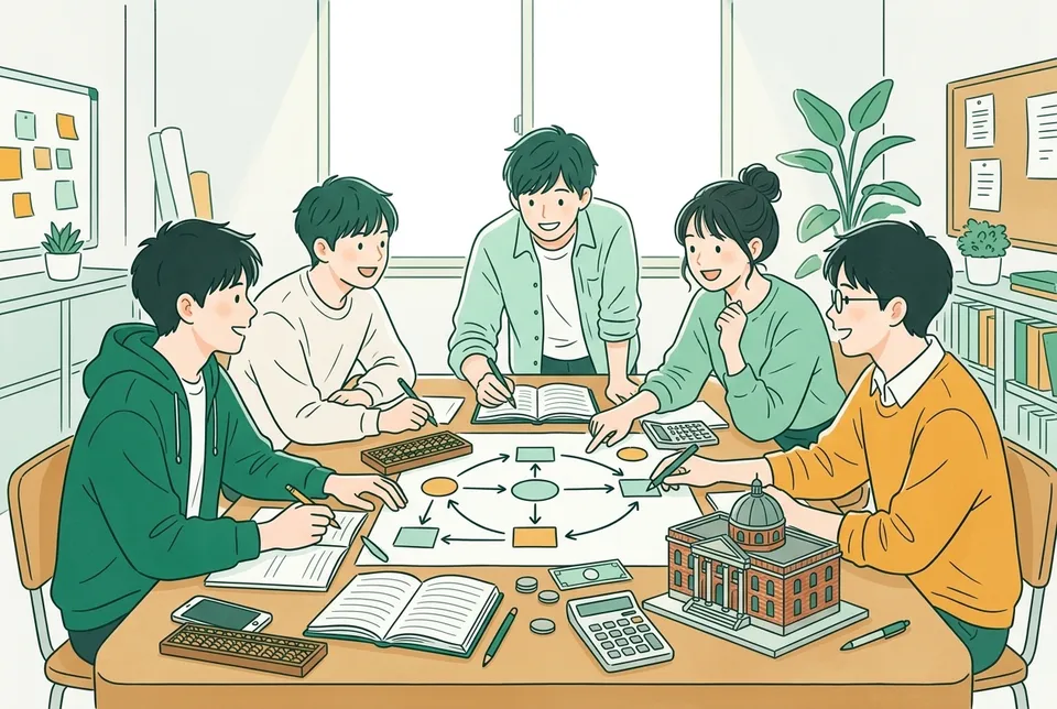 帳簿、そろばん、電卓、明治時代の取引所の模型が並ぶ机を囲み、お金の流れを図にしながら話し合う大学生たち
