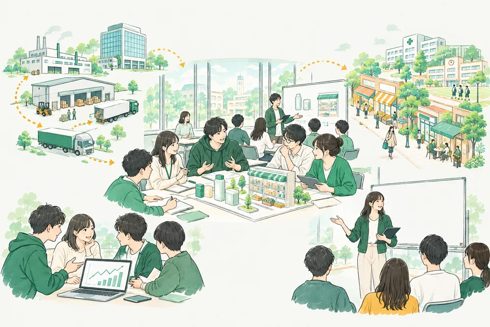 工場・オフィス・商店街・病院や学校がある街を背景に、商品の企画、会計、データ分析、起業に取り組む学生たち