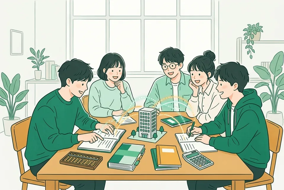 そろばんと電卓、色の帯で示した帳簿の束、会社のビルの模型を囲み、お金の流れを確かめ合う学生たち