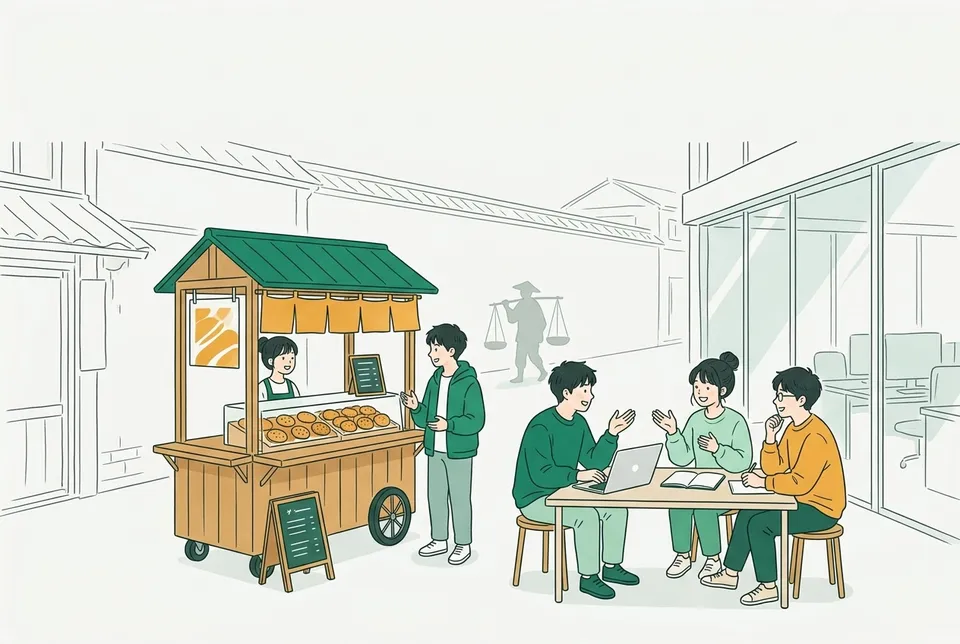 古い商家の町並みとガラス張りのオフィスがまじる通りで、試作品やノートパソコンを囲んで事業の計画を話し合う学生たち