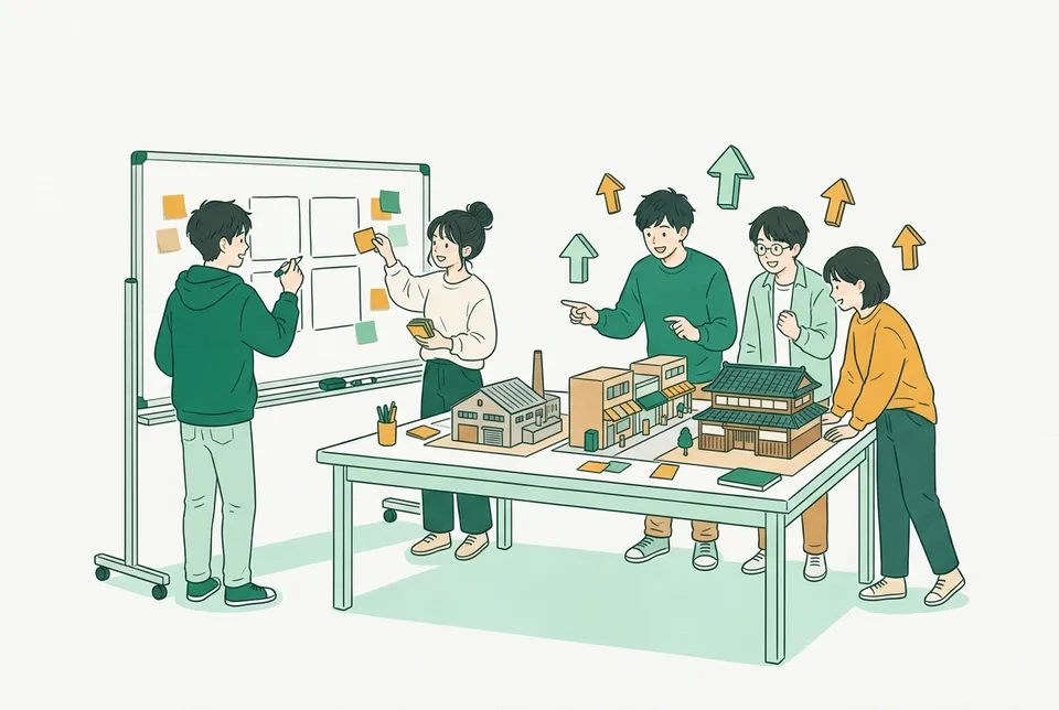 町工場や商店街の模型を囲み、ホワイトボードの 4 つのマスに付せんを貼りながら会社の作戦を話し合う学生たち