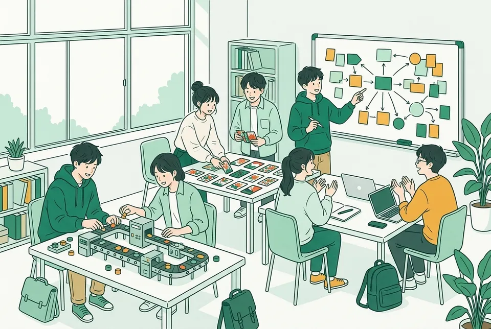 流れ作業の模型、カードを線でつないだホワイトボード、絵札が並ぶ机を囲んで、会社の作戦を話し合う大学生たち