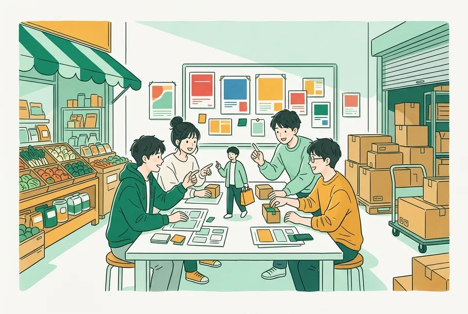 商店街の店先、配送の段ボール箱、ポスターの試作を囲み、買い物をする人の気持ちを話し合う大学生たち