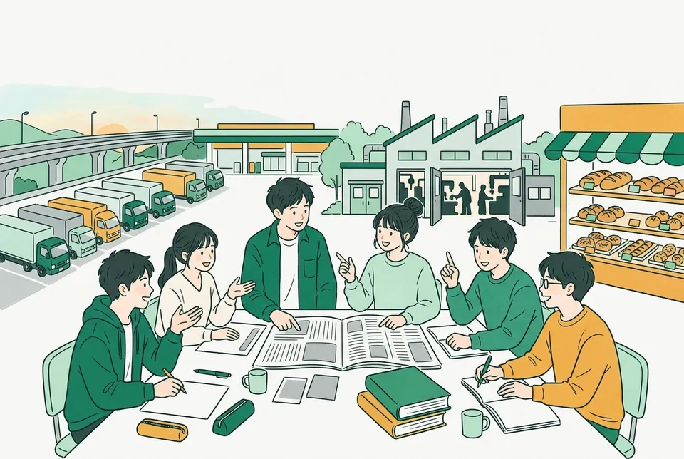 高速道路のサービスエリアに並ぶトラック、部品を作る小さな工場、商店の値札を背景に、新聞の切り抜きと法律の本を広げて話し合う大学生たち