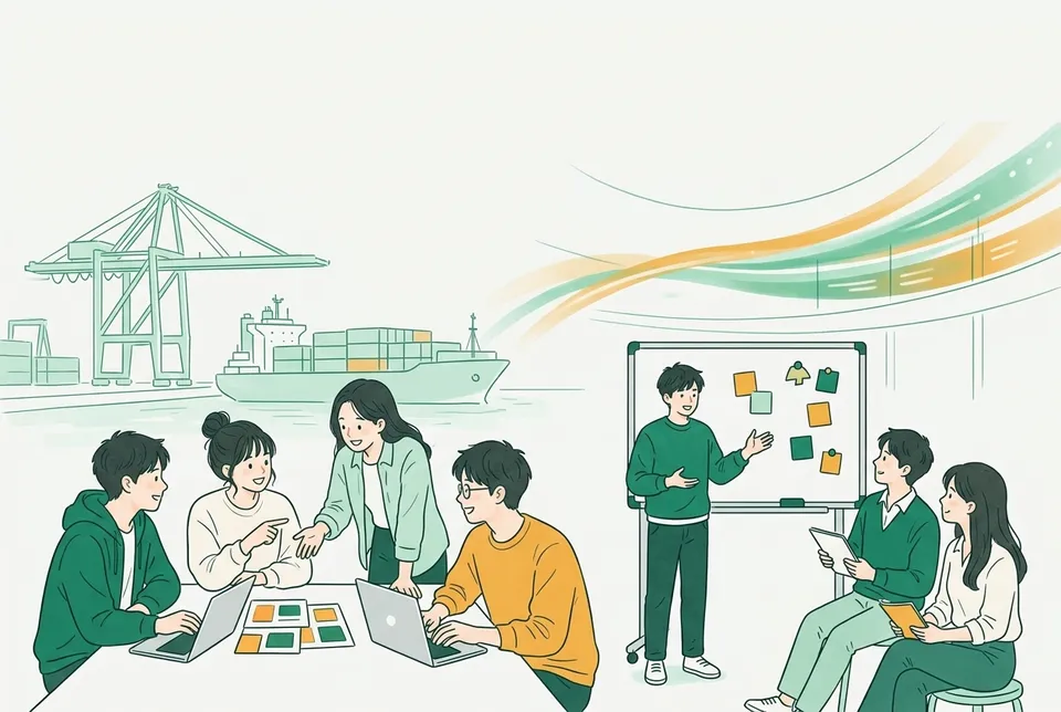コンテナ船が止まる港と株価の表示が光る取引所のホールを背景に、英語の資料を読み合わせたり、発表の練習をしたりする大学生たち