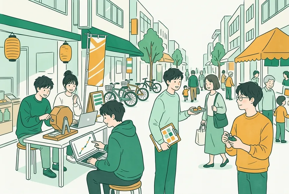 商店街の福引きの抽選器、アンケートの用紙の束、通る人を数えるカウンターに囲まれ、ノートパソコンの散布図を指さして話し合う大学生たち