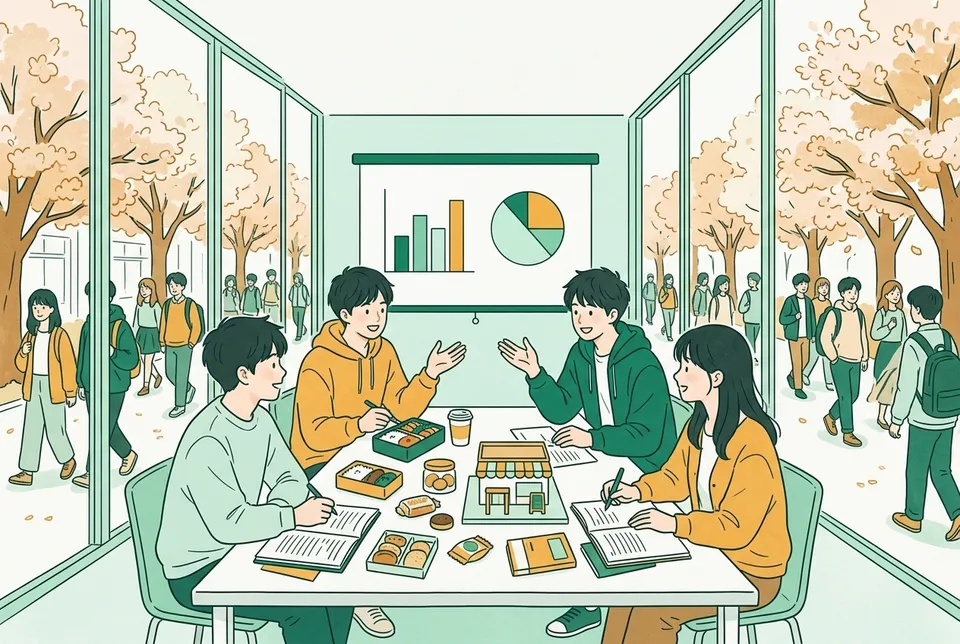 春のキャンパスで、商品の試作品と帳簿を囲み、チームで企画を話し合う経営学部の新入生たち