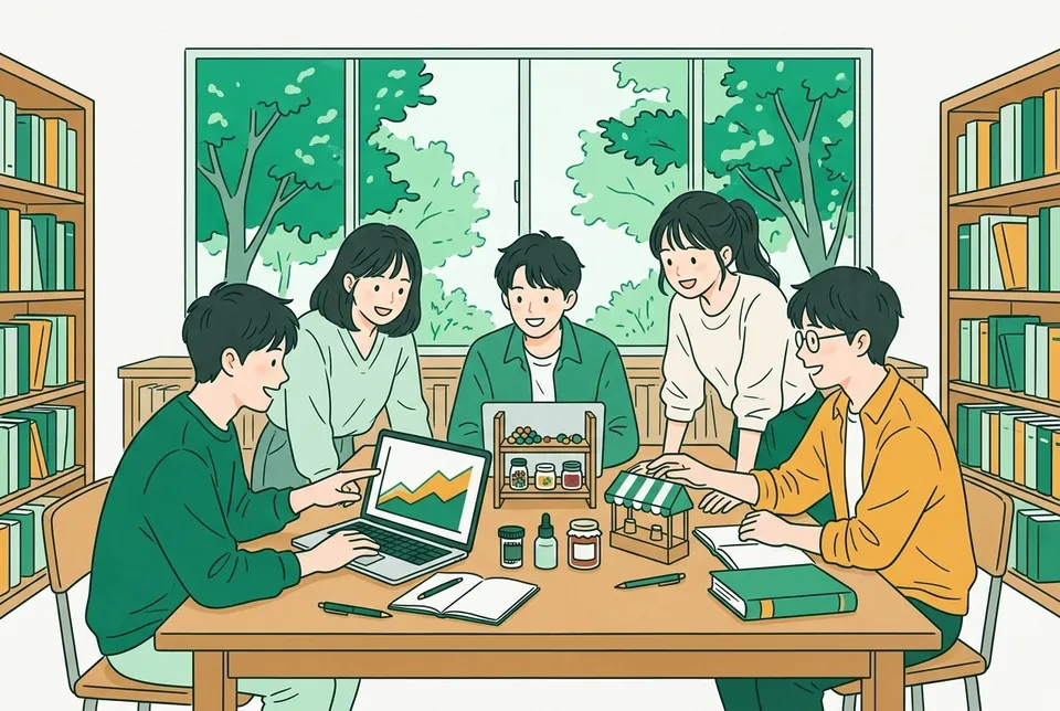 大学の図書館の大きな机で、写真フィルムの容器やジャムの瓶、グラフを広げ、会社の分かれ道について話し合う 2 年生たち