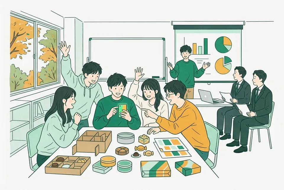 ゼミ室の大きな机に商品の試作品とパッケージの案を並べ、企業の担当者に向けて発表の準備をする 3 年生たち