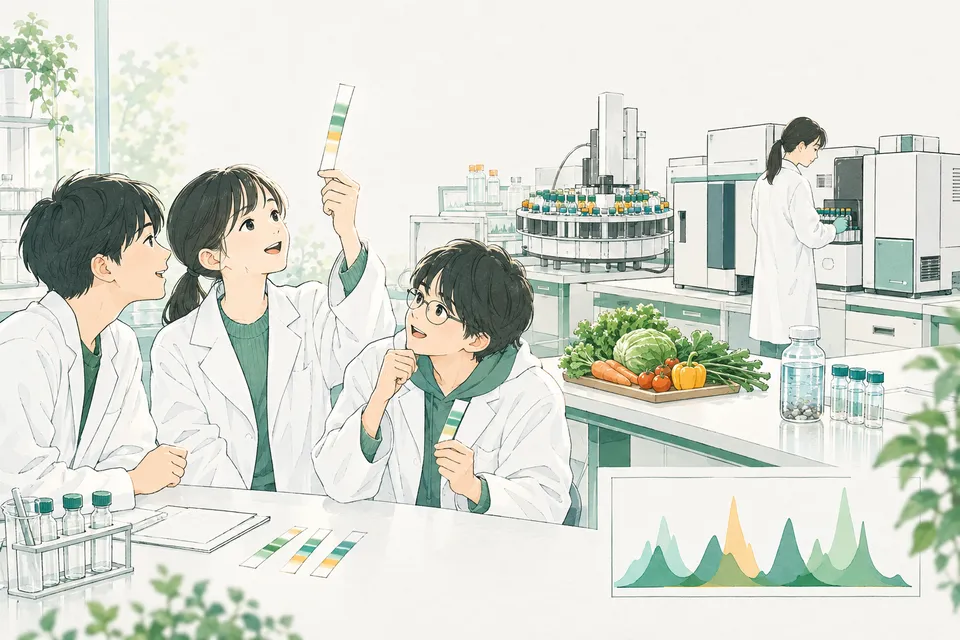 色の帯がにじんだろ紙を光にかざして見比べる学生と、小さな瓶が円く並んだ分析装置に試料をセットする学生たちがいる実験室