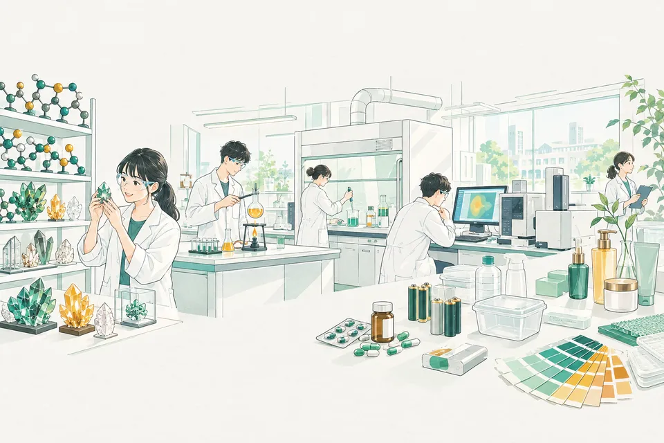 化学の実験室で合成や分析をする学生たちと、薬・電池・プラスチック・化粧品など化学から生まれた製品