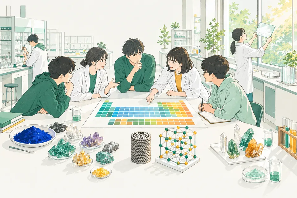 色とりどりの結晶、青い顔料を盛った皿、ハチの巣のような穴が並ぶ円筒形の触媒、ジャングルジムのような結晶の模型を囲んで話し合う学生たち