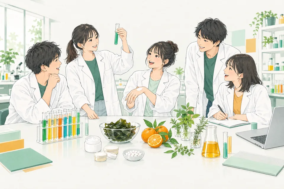 明るい研究室で、色とりどりの液体の入った試験管、白いクリームの入った小さな容器、昆布や果物を並べた机を囲み、白衣の若い研究員たちが話し合う様子