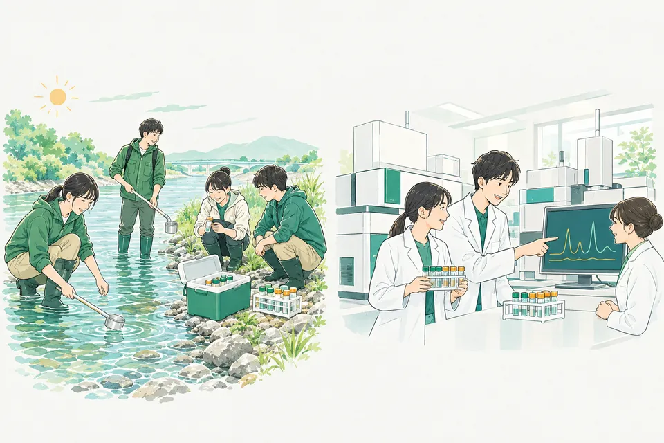 川辺で水を採る大学生と、分析装置が並ぶ明るい検査室で、試料の小瓶のラックとグラフの画面を確かめる白衣の若い分析技術者たち