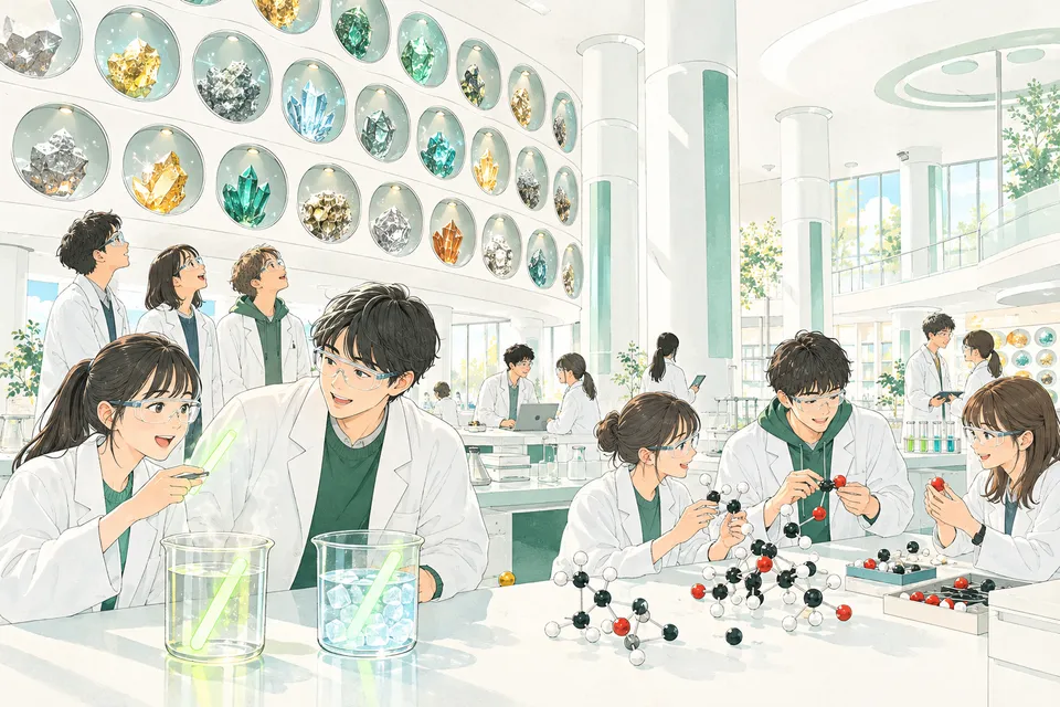 大学の化学の実験室で、元素の見本が並ぶ周期表の展示を見上げる学生、ぬるま湯と氷水に入れた光る棒を見比べる学生、色とりどりの玉の分子模型を組み立てる学生たち