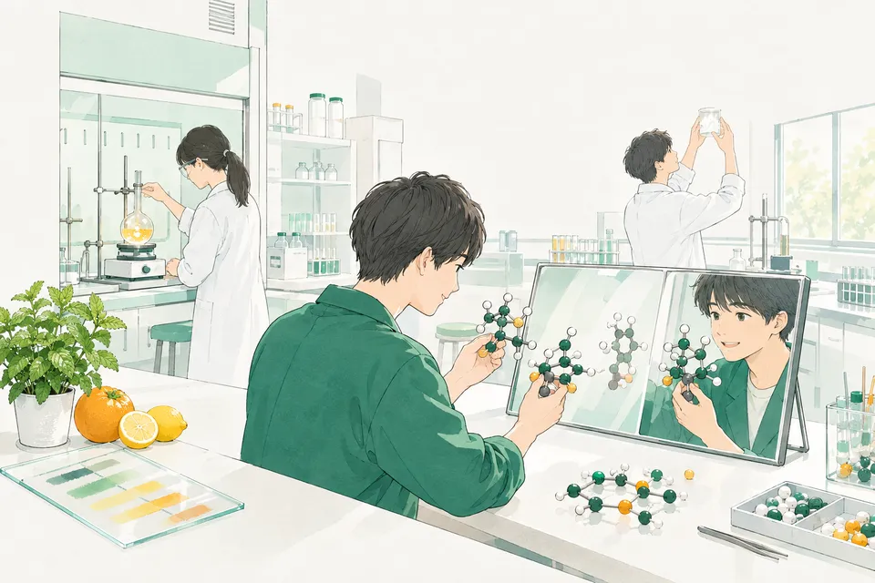 球と棒の分子模型を鏡に映して見比べる学生、ハッカの鉢植え、色の帯が分かれたガラス板を光にかざす学生たちがいる明るい実験室