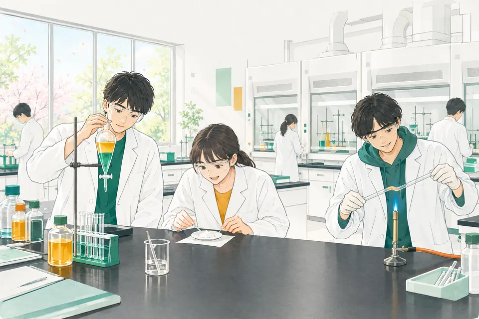 大学の化学実験室で、白衣と保護めがねを着けた新入生たちが、2 層に分かれた液や、ろ紙の上の白い結晶を見つめている様子