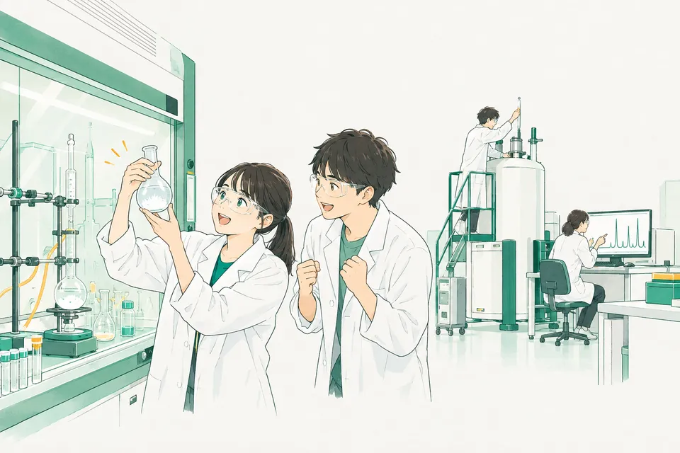 実験室で、フラスコの底にできた白い結晶を光にかざして喜ぶ学生と、大きな円筒形の NMR 装置に試料を入れる学生