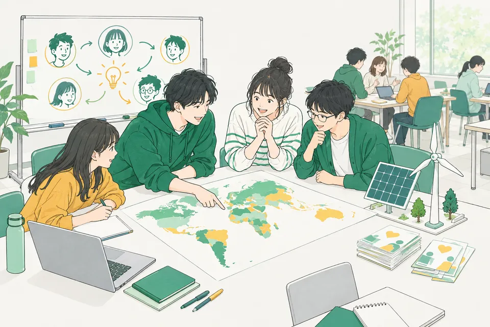 検診の案内はがき、太陽光パネルの模型、世界地図を広げた机を囲んで、暮らしの課題の解決策を話し合う大学生たち