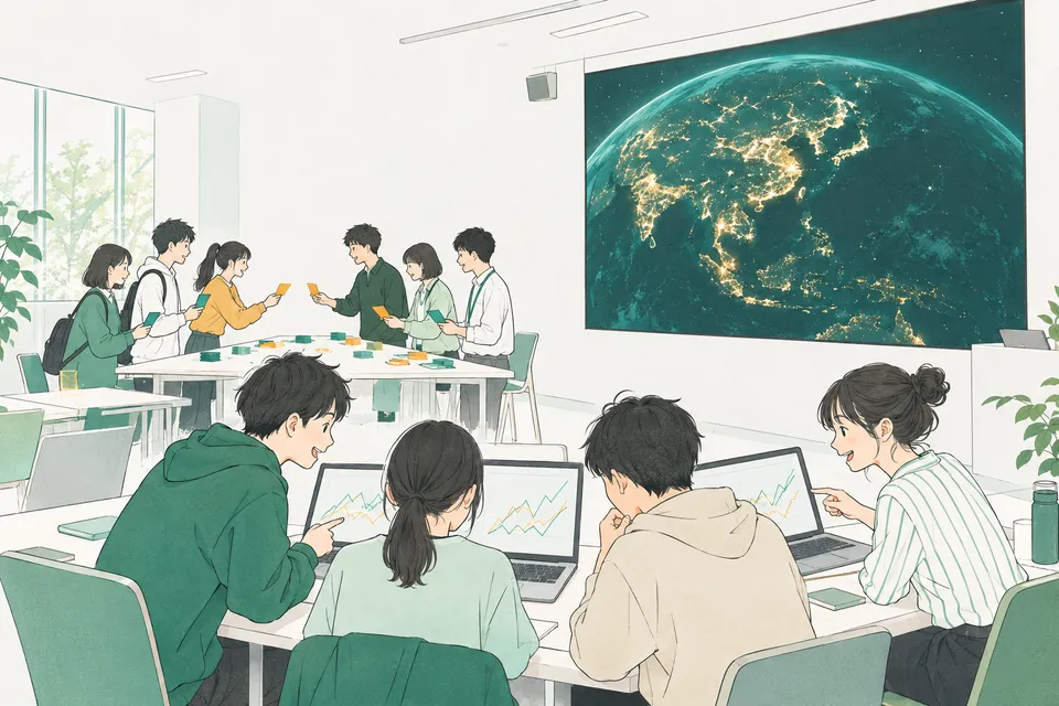 宇宙から見た夜の日本の写真、物価のグラフを映したノートパソコン、教室での売り買いの実験を囲んで、データを読み解く大学生たち