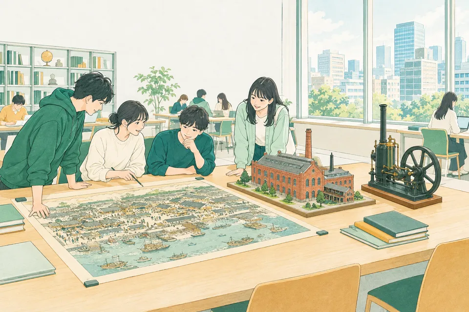 江戸時代の米市場の絵図、れんが造りの製糸工場、蒸気機関の模型を囲んで、古い資料を読み比べる大学生たち