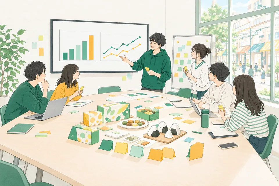 試作品のお菓子やおにぎりの模型が並ぶ会議室で、棒グラフを映した画面を見ながら売り方を話し合う学生たち
