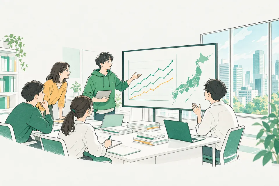 折れ線グラフと日本地図を映した大きな画面の前で、景気の見通しを話し合う学生と研究者たち