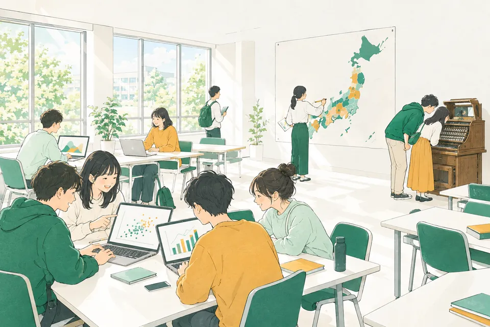 明るい演習室でノートパソコンのグラフを指さす学生、壁の日本地図を色分けする学生、古い木製の集計機をのぞきこむ学生たち