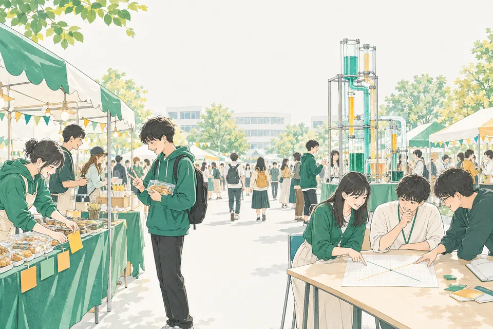 文化祭の模擬店が並ぶキャンパスで、値札を付け替えたり、売れた数を数えたり、方眼紙に交わる 2 本の線を引いたりして話し合う大学生たち