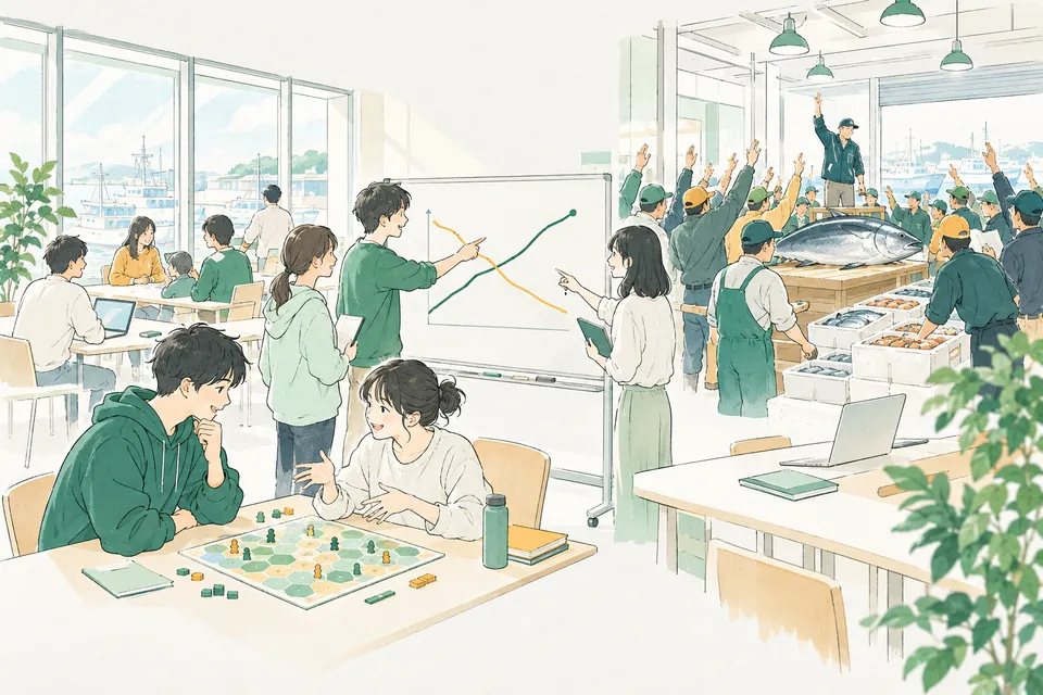 魚市場の競り、交わる 2 本の線のグラフを描いたホワイトボード、ボードゲームの盤を囲んで、値段や作戦を話し合う大学生たち