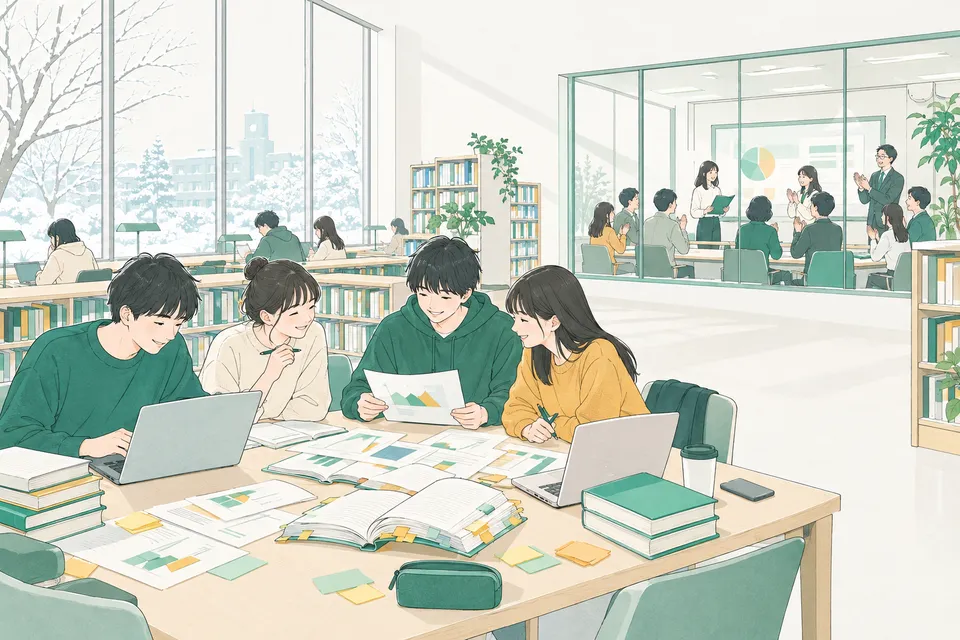 冬の図書館で卒業論文を仕上げる学生たちと、発表を終えた学生に拍手を送るゼミの仲間