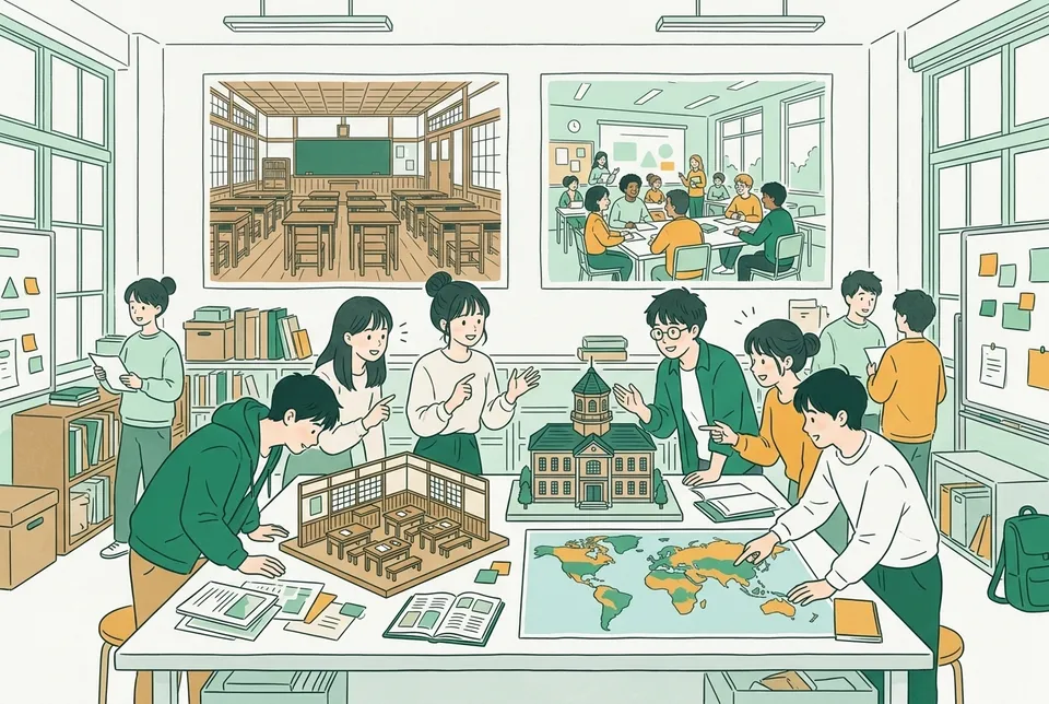 江戸時代の寺子屋、明治の洋風の校舎、世界地図と各国の学校の写真を並べた机を囲んで、昔と今、日本と外国の学校を比べて話し合う大学生たち