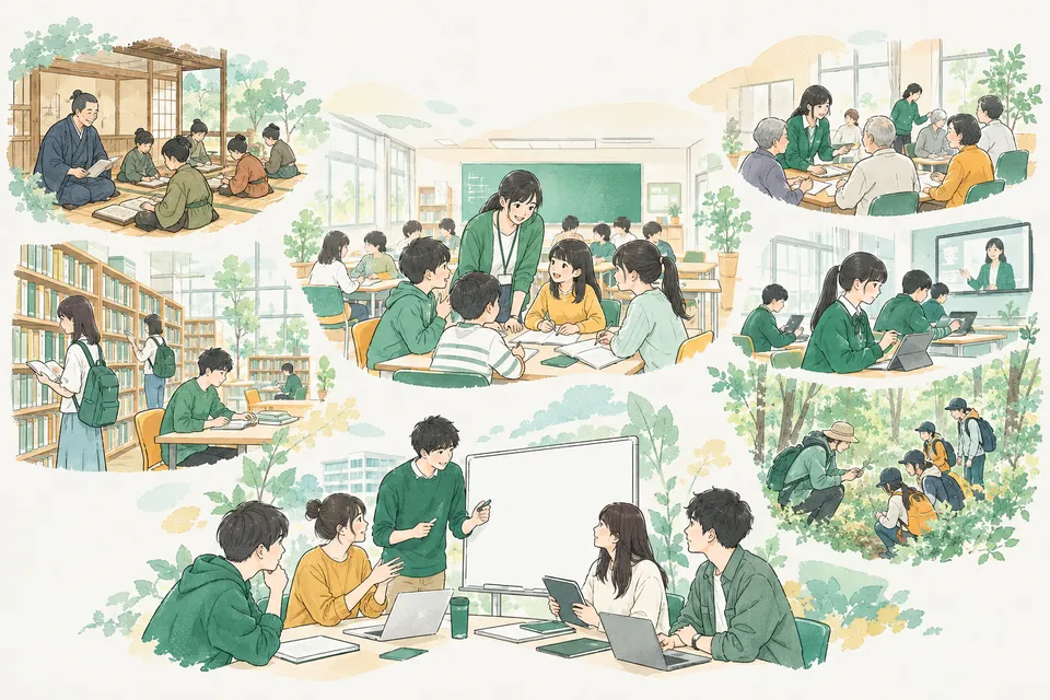 小学校の教室、図書館、公民館、オンライン授業など、さまざまな学びの場で学びを支える学生たち