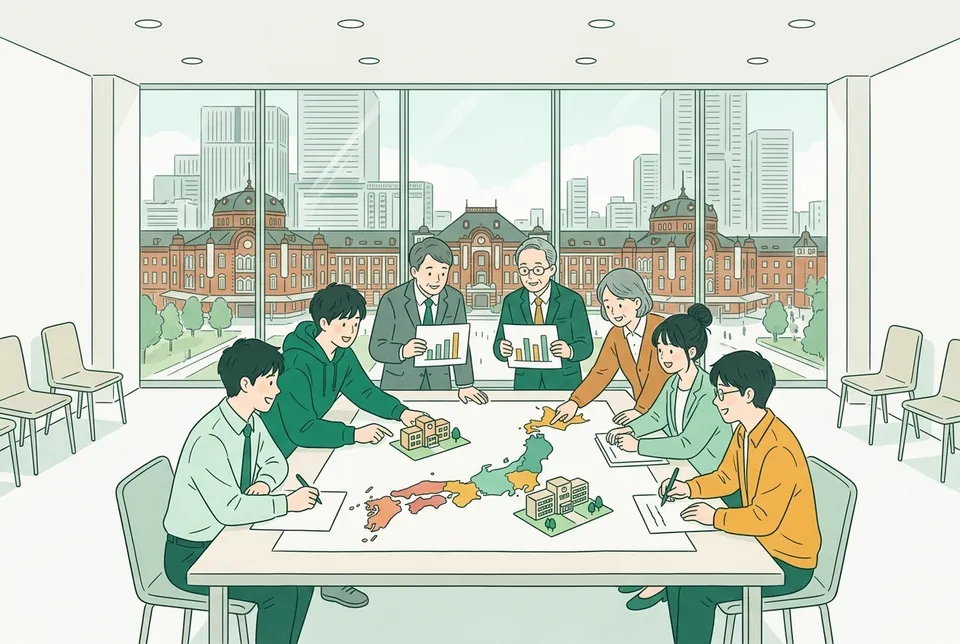 日本地図と学校の模型を囲み、グラフの資料を見ながら話し合う教育委員会の職員と大学生たち。窓の外には霞が関の建物が見える