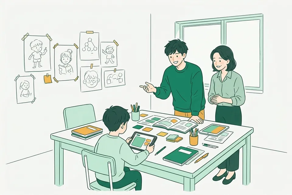 教材づくりの作業室で、紙の教科書の見本と学習アプリを映したタブレットを並べ、子どもの反応を話し合う編集者と大学生たち