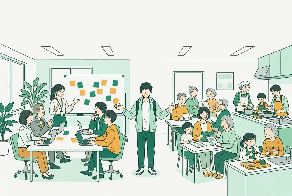 会社の研修室でグループワークを進める若い研修担当者と、公民館の講座で年代の違う人たちと学び合う職員