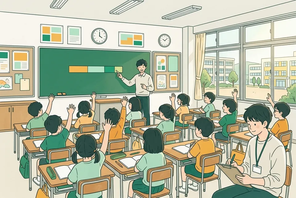 小学校の教室で、黒板の図を指しながら説明する若い先生と、ノートから顔を上げて手を挙げる子どもたち。窓の外には中学校や高校、特別支援学校の校舎も見える