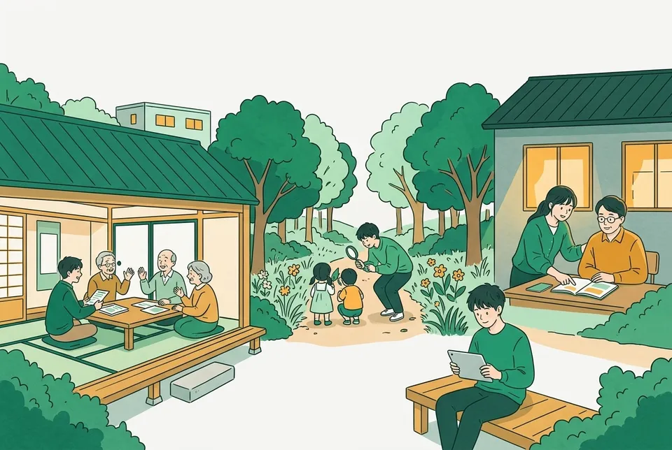 公民館の講座で年配の人と話す学生、森で子どもたちと自然観察をする学生、夜の教室で大人に勉強を教える学生、タブレットでオンライン講座を受ける学生が、ひとつながりに描かれた場面