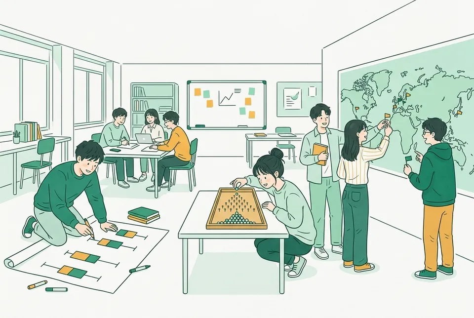 明るい演習室で、模造紙に箱ひげ図を描く学生、玉が山の形に積もる木の板を見つめる学生、世界地図に色の印を並べる学生たち