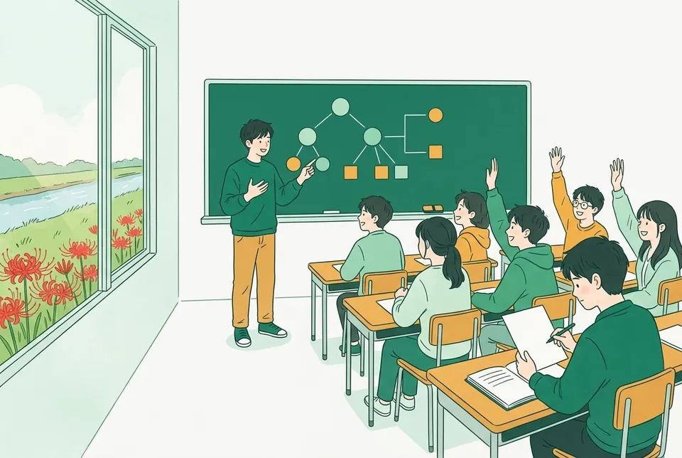 大学の模擬授業の教室で、黒板の前で図を指しながら説明する学生、手を挙げて答える子ども役の学生たち、後ろで指導案を見ながらメモを取る学生