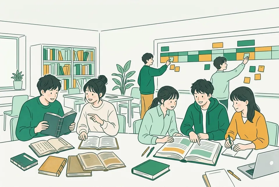 大学の演習室で、憲法の条文を指さして話し合う学生、長い年表に付箋を貼る学生、昔の教科書や本を開いて読み比べる学生たち