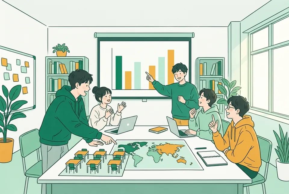 机が並ぶ教室の模型、グラフを映したスクリーン、世界地図を囲んで、学級の人数や学力調査のデータについて話し合う大学生たち