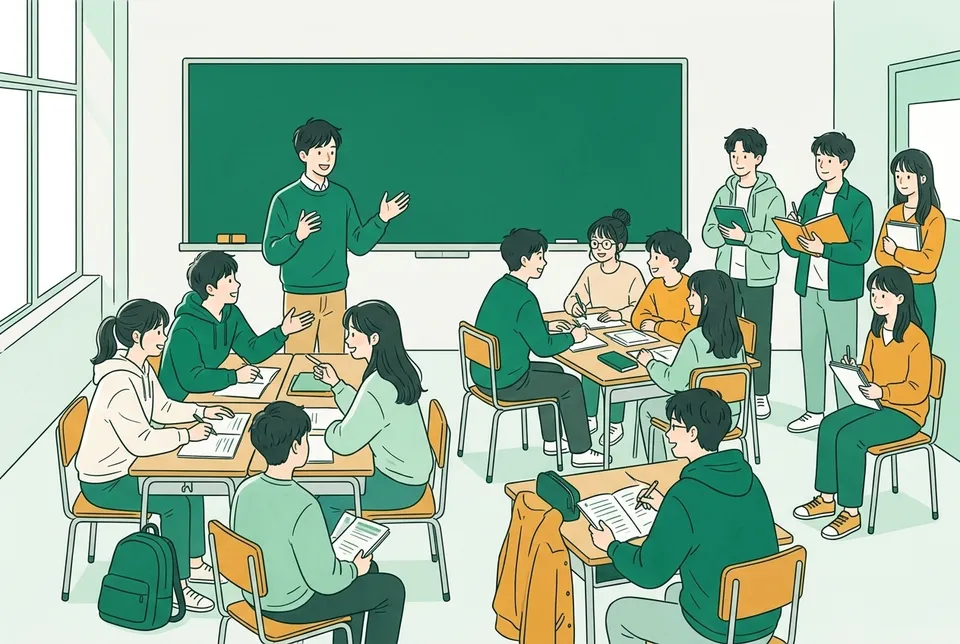 教室の後ろから授業を見学してメモを取る学生たち、机を寄せてグループで話し合う学生、黒板の前で模擬授業をする学生がいる、大学の授業づくりの場面